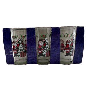 NOS Vintage Christmas Tumblers 8oz Santa Tree Snow Holly Set of 3